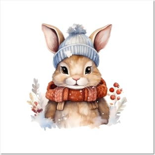 Cute bunny in a warm hat and scarf Posters and Art